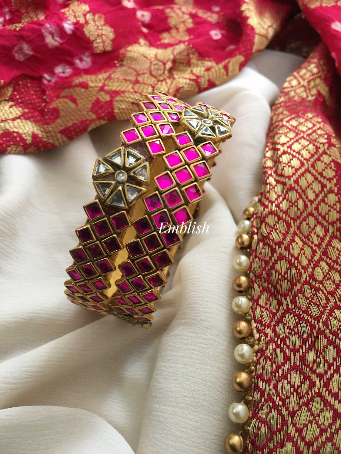 Silk Thread Triple kundan stone Kada Bangle - Pink